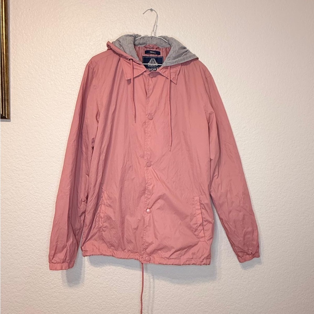 American Rag Men's Pink Windbreaker with Gray Hood